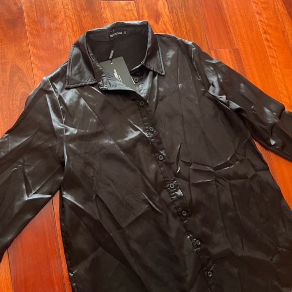 Black Satin Button Up Shirt - PLT - Picture 5 of 7